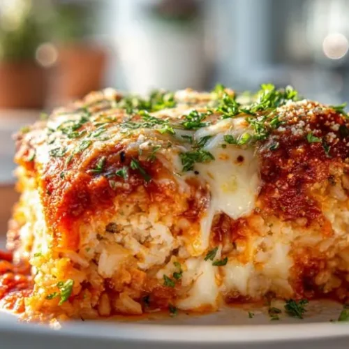 Bubbly marinara chicken bake with tender chicken, rice, marinara sauce, and melted mozzarella cheese in a baking dish.