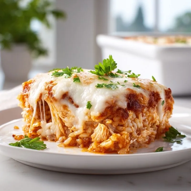 Bubbly Marinara Chicken Bake Recipe Cheesy bubbly marinara chicken bake with tender chicken, rice, marinara sauce, and melted mozzarella served on a white plate.
