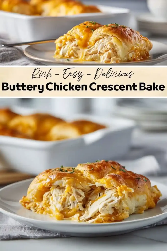 Buttery Chicken Crescent Bake Recipe Golden buttery chicken crescent rolls stuffed with shredded chicken and melted cheddar cheese, baked until flaky and served warm.