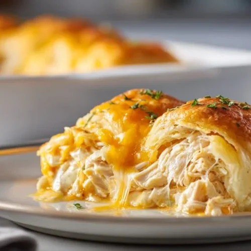Golden buttery chicken crescent roll filled with shredded chicken and melted cheddar cheese on a white plate.