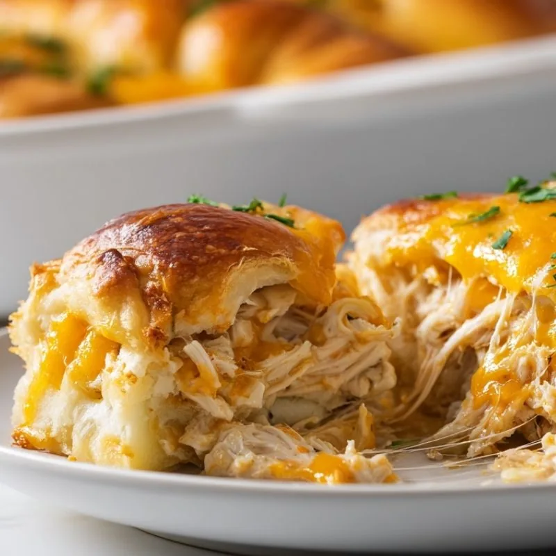 Buttery Chicken Crescent Bake Recipe Close-up of a buttery chicken crescent bake with flaky golden pastry, shredded chicken, and melted cheddar cheese.