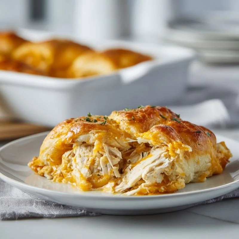 Buttery Chicken Crescent Bake Recipe Flaky buttery chicken crescent bake filled with shredded chicken and melted cheddar cheese on a white plate.