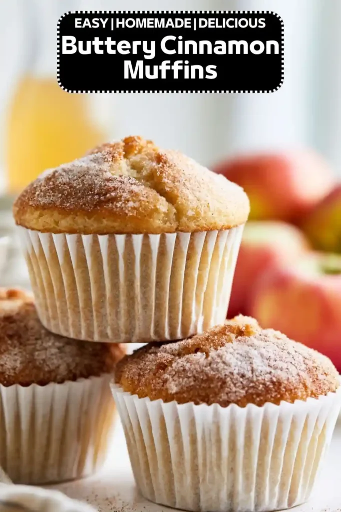Three homemade buttery cinnamon muffins dusted with cinnamon sugar and stacked on a plate with apples blurred in the background.