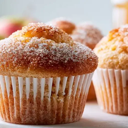 Fresh buttery cinnamon muffins dusted with cinnamon sugar on a white cake stand with apples softly blurred in the background.