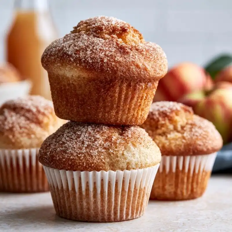 Stack of homemade buttery cinnamon muffins coated with cinnamon sugar, served with fresh apples blurred in the background.