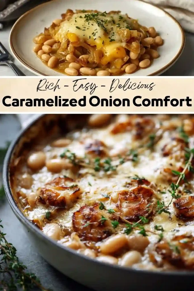 A creamy caramelized onion and white bean bake topped with melted cheese and fresh thyme, served in a rustic baking dish.