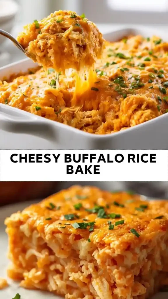 Cheesy Buffalo Rice Bake Recipe – Easy Spicy Chicken Casserole Cheesy Buffalo Rice Bake with shredded chicken, melted cheddar cheese, and buffalo sauce