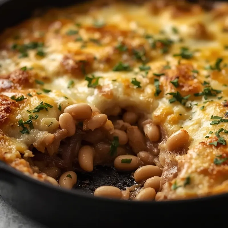 Golden Cheesy French Onion White Bean Skillet