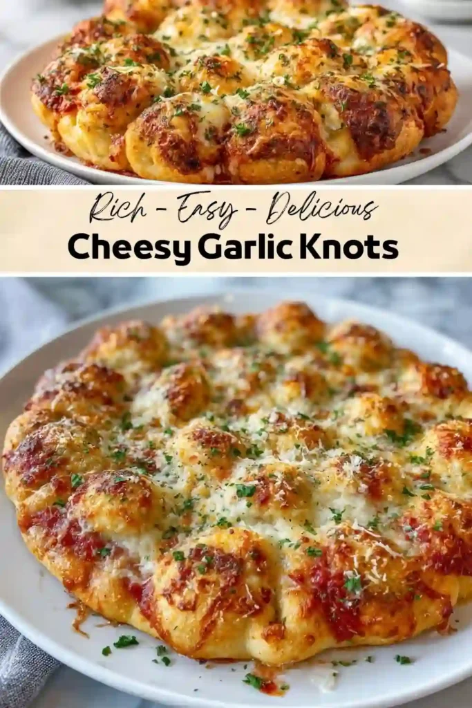 Cheesy Garlic Knots Recipe Cheesy garlic knots baked until golden brown and topped with melted mozzarella, Parmesan cheese, garlic butter, and fresh parsley.
