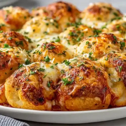 Golden cheesy garlic knots topped with melted mozzarella, garlic butter, Parmesan cheese, and fresh parsley on a white serving plate.