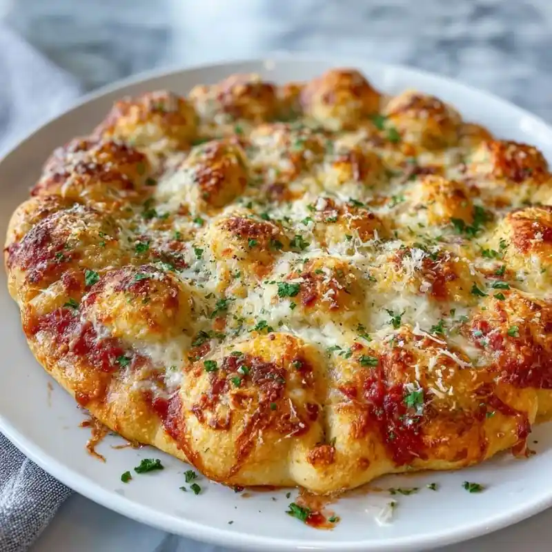 Cheesy Garlic Knots Pull-Apart Bread Cheesy garlic knots baked until golden brown with melted mozzarella, Parmesan cheese, garlic butter, and fresh parsley on a serving plate.