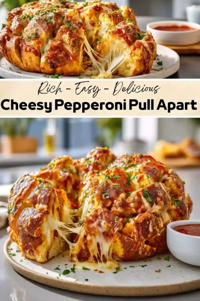 Cheesy Pepperoni Pull Apart Bread Cheesy pepperoni pull apart bread with melted mozzarella, pepperoni, garlic butter, and marinara dipping sauce.