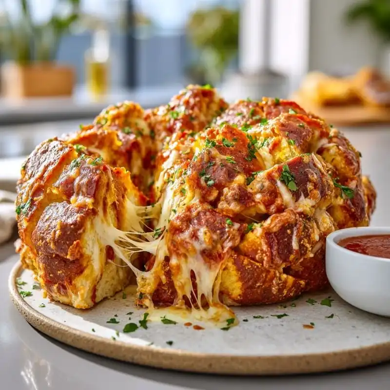 Cheesy Pepperoni Pull Apart Bread Cheesy pepperoni pull apart bread with melted mozzarella, garlic butter, and marinara dipping sauce.