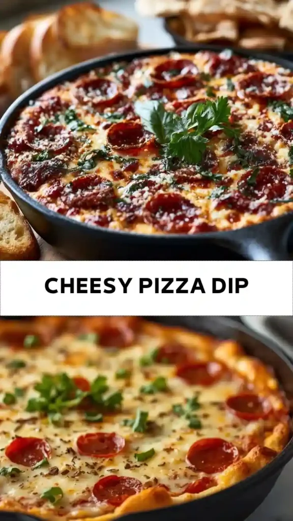 Cheesy Pizza Dip Recipe with Pepperoni and Mozzarella Cheesy pizza dip with pepperoni, melted mozzarella, and marinara sauce