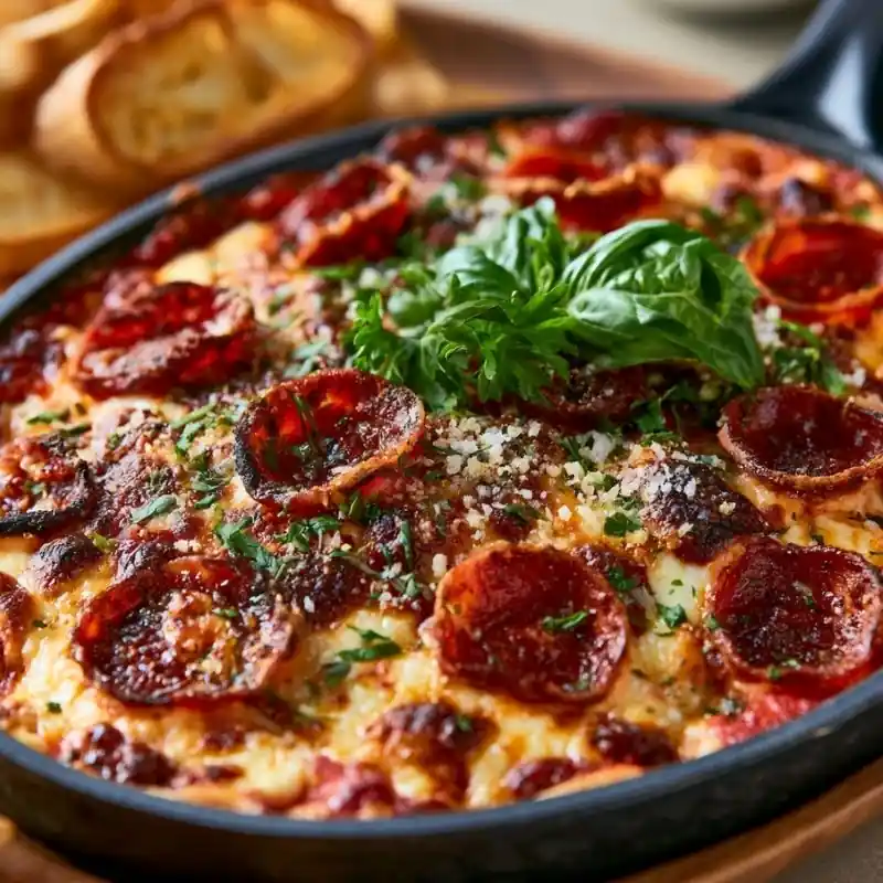 Cheesy Pepperoni Pizza Dip Recipe Cheesy pepperoni pizza dip topped with mozzarella, Parmesan, and fresh basil