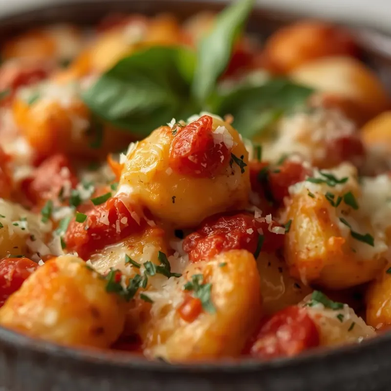 Golden Cheesy Roasted Red Pepper Gnocchi Bake