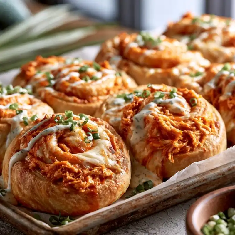 Cheesy Buffalo Chicken Pizza Rolls Recipe | Easy Buffalo Chicken Snack Cheesy Buffalo chicken pizza rolls baked until golden brown, topped with ranch drizzle and chopped green onions on a baking tray.