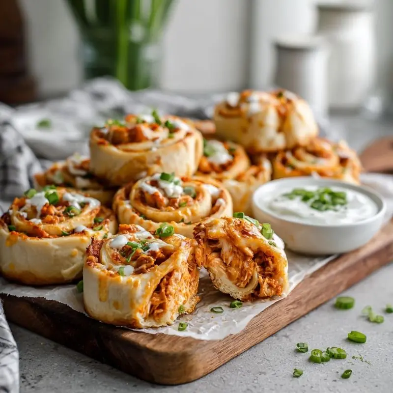 Cheesy Buffalo Chicken Pizza Rolls Recipe | Easy Buffalo Chicken Appetizer Cheesy Buffalo chicken pizza rolls with shredded Buffalo chicken, melted mozzarella, ranch drizzle, and green onions served with a creamy dipping sauce.