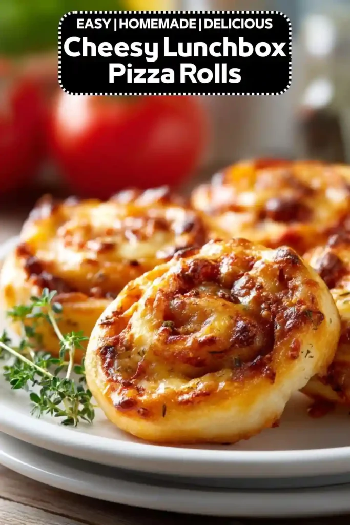 Cheesy Lunchbox Pizza Rolls Recipe | Easy Homemade Pizza Rolls Cheesy lunchbox pizza rolls baked until golden with melted cheese and savory pizza filling on a white plate.
