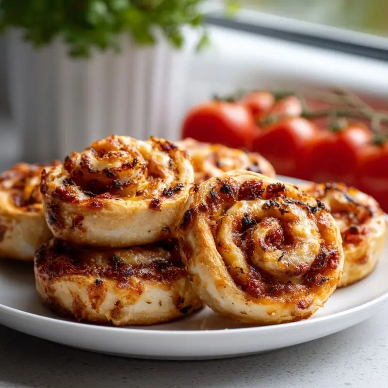 Cheesy Lunchbox Pizza Rolls Recipe | Easy Homemade Pizza Rolls Golden cheesy lunchbox pizza rolls baked with melted mozzarella and savory pizza filling on a white plate.