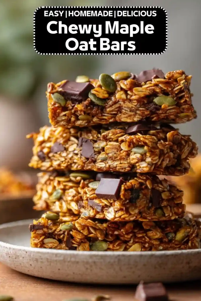 Chewy Maple Oat Bars Recipe | Healthy Homemade Oat Snack Bars Chewy maple oat bars stacked on a plate with oats, pumpkin seeds, and dark chocolate chunks.
