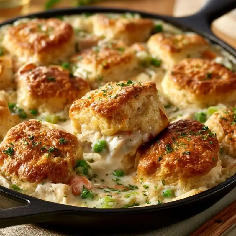 Creamy Chicken Pot Pie Biscuit Skillet with Vegetables