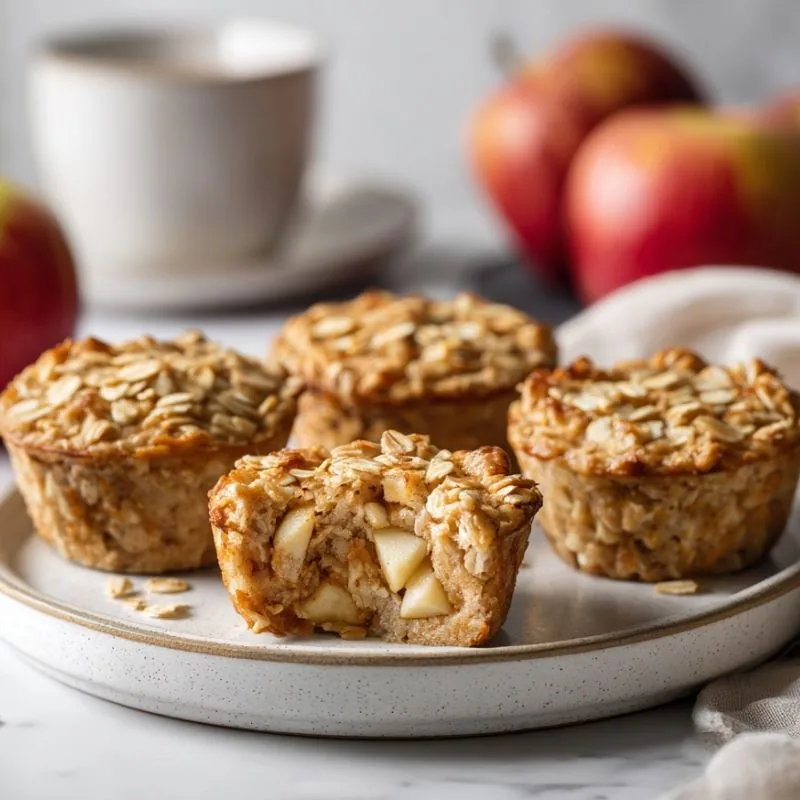 Cinnamon Apple Breakfast Cups Healthy cinnamon apple breakfast oat cups with diced apples baked until golden on a serving plate.