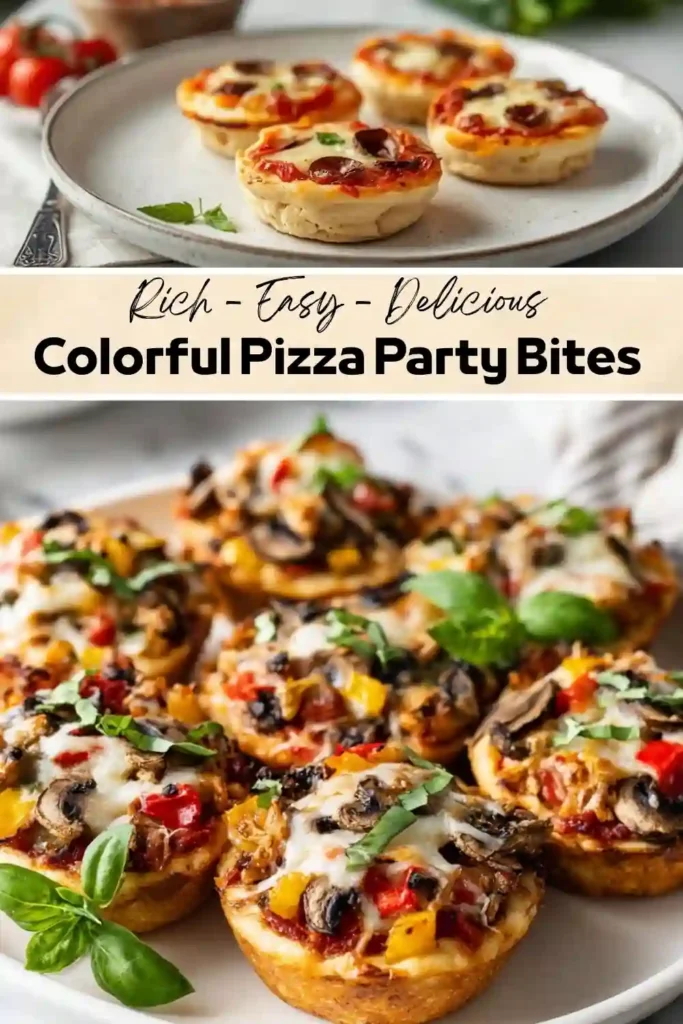 Colorful Pizza Party Bites Colorful mini pizza party bites topped with melted mozzarella, mushrooms, bell peppers, olives, basil, and pizza sauce.
