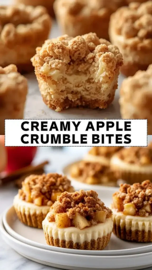 Creamy Apple Crumble Bites Creamy apple crumble bites with cheesecake filling, cinnamon apples, and buttery crumble topping.