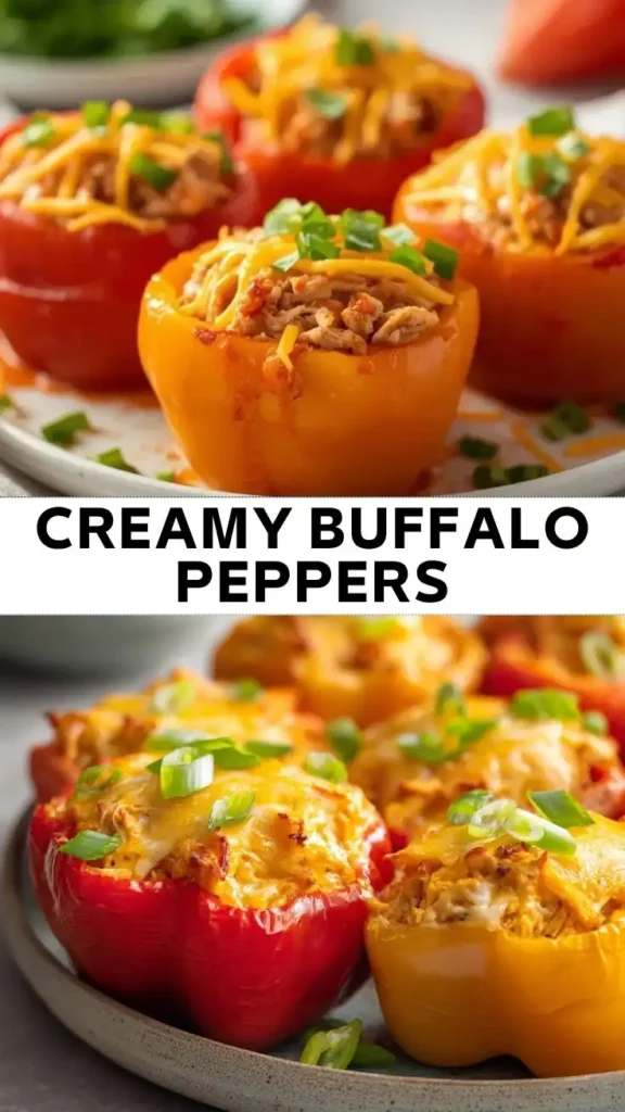 Creamy Buffalo Stuffed Mini Peppers Colorful mini bell peppers stuffed with creamy buffalo chicken filling, topped with shredded cheese and green onions, arranged on serving plates.