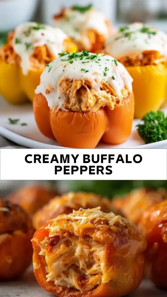 Creamy Buffalo Stuffed Bell Peppers with Shredded Chicken and Melted Cheese