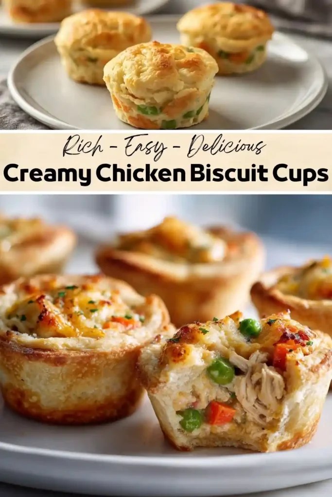 Creamy Chicken Biscuit Cups Creamy chicken biscuit cups filled with shredded chicken, peas, carrots, and melted cheese baked until golden brown.