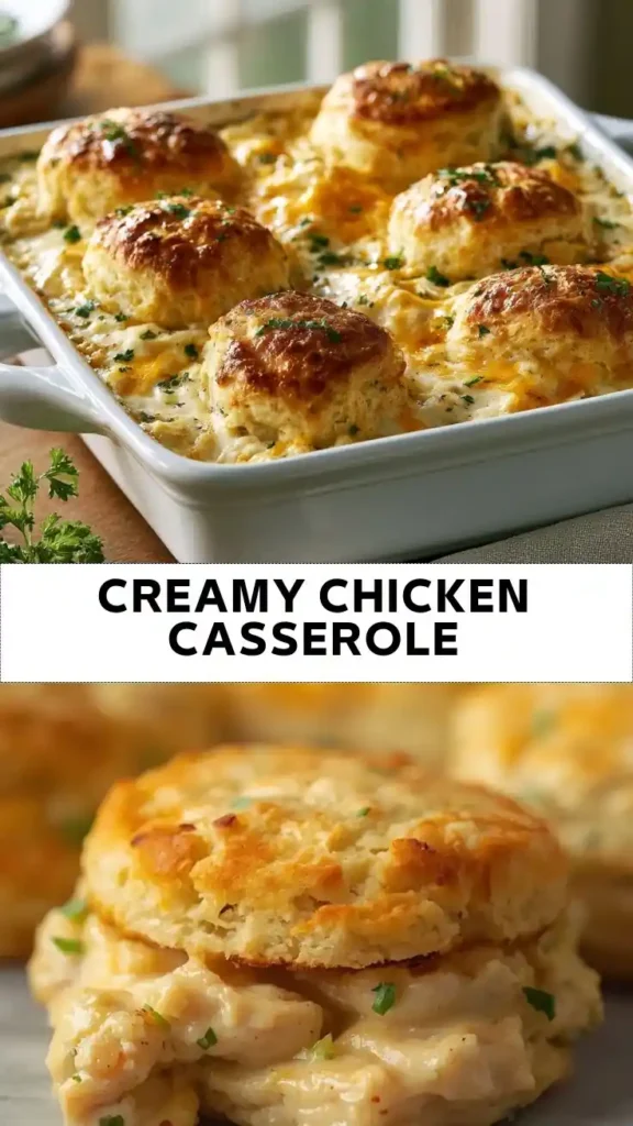 Creamy chicken casserole topped with golden biscuits in a baking dish