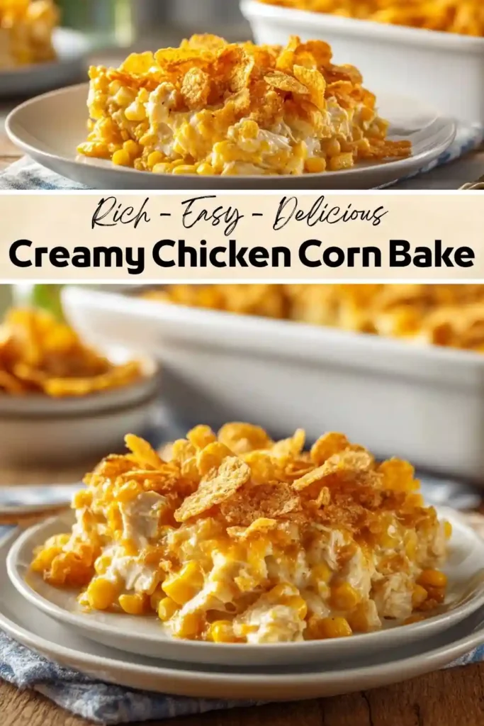 Creamy chicken corn bake topped with crispy cornflakes, shredded chicken, sweet corn, and melted cheddar cheese served on a white plate.