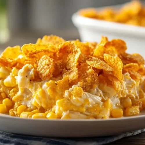 Creamy chicken corn bake topped with crispy cornflakes, shredded chicken, sweet corn, and melted cheese on a white plate.