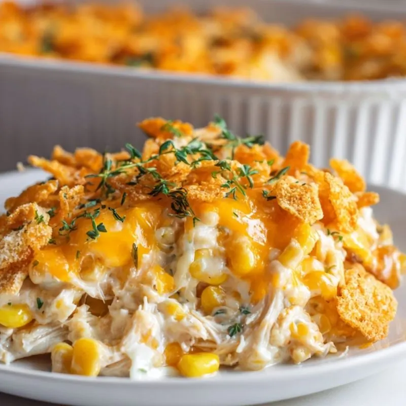 Creamy chicken corn bake with shredded chicken, sweet corn, melted cheddar cheese, and crispy cornflake topping on a white plate.