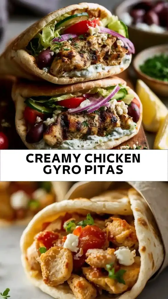Creamy Chicken Gyro Pitas Recipe | Easy Greek Chicken Pita Wraps Creamy Chicken Gyro Pitas with Tzatziki, Feta, and Fresh Vegetables