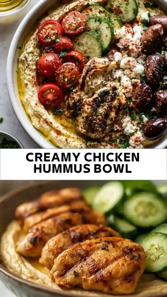 Creamy Chicken Hummus Bowl with Feta, Olives, Cucumbers, and Tomatoes