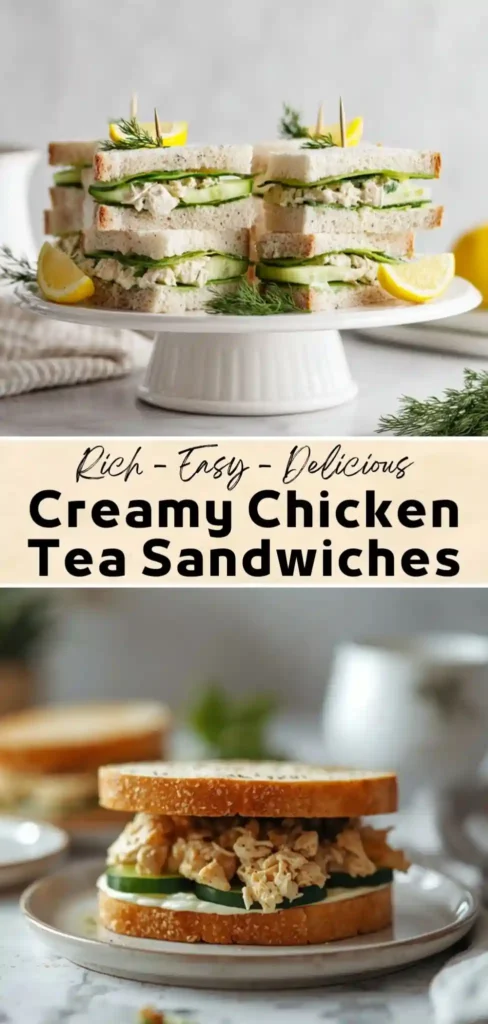 Creamy chicken tea sandwiches with cucumber slices and fresh dill on soft white bread, garnished with lemon wedges.