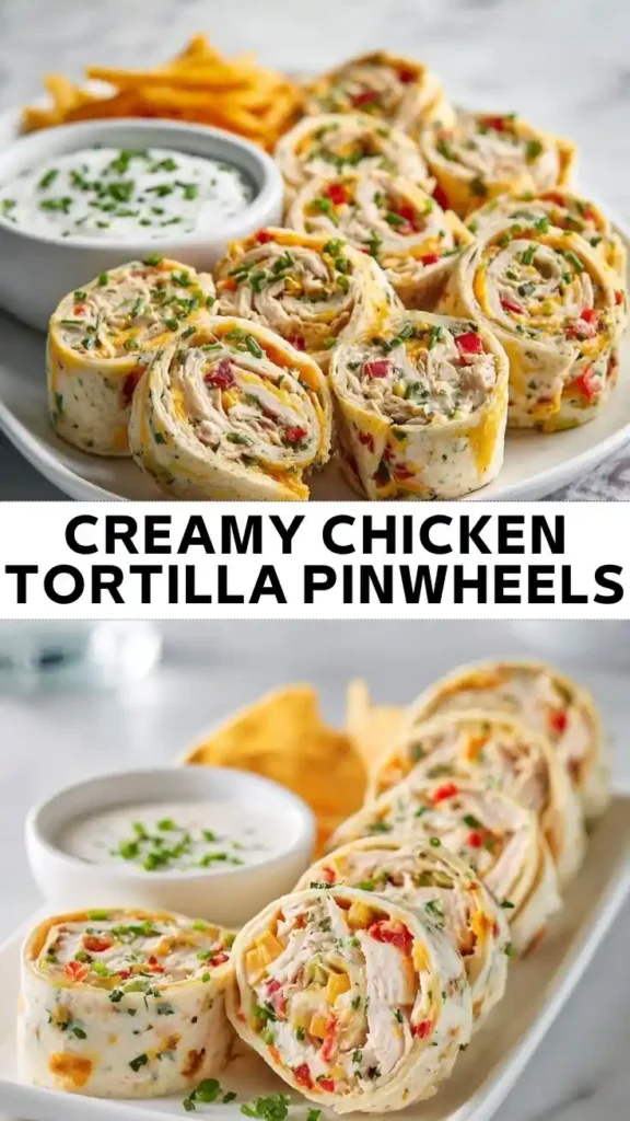 Creamy Chicken Tortilla Pinwheels Creamy chicken tortilla pinwheels with shredded chicken, cheese, peppers, herbs, and ranch-style dip served on a platter.