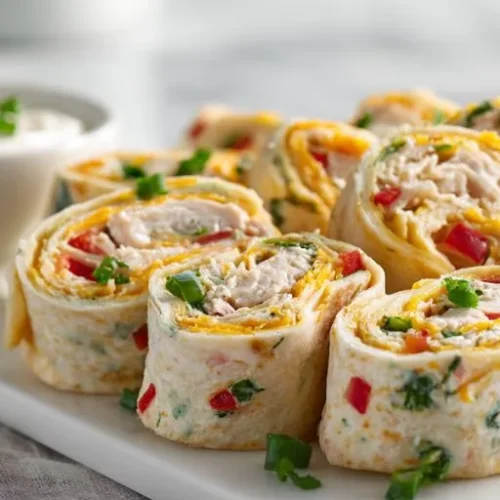 Creamy chicken tortilla pinwheels filled with shredded chicken, cheddar cheese, peppers, and herbs, served with ranch dip on a white platter.