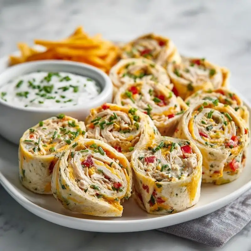 Creamy Chicken Tortilla Pinwheels Creamy chicken tortilla pinwheels filled with shredded chicken, cheddar cheese, peppers, and herbs, served with ranch dip.