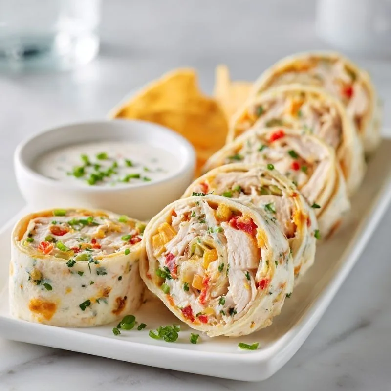 Creamy Chicken Tortilla Pinwheels post Close-up of creamy chicken tortilla pinwheels filled with shredded chicken, cheddar cheese, peppers, herbs, and served with ranch dip.