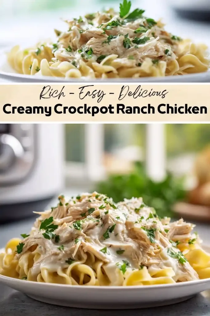 Creamy Crockpot Ranch Chicken Recipe Creamy Crockpot Ranch Chicken served over buttered egg noodles and garnished with fresh parsley on a white plate.