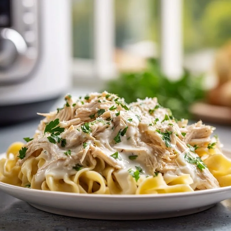 Creamy Crockpot Ranch Chicken with Egg Noodles Creamy Crockpot Ranch Chicken served over buttery egg noodles and garnished with fresh parsley in a white plate.