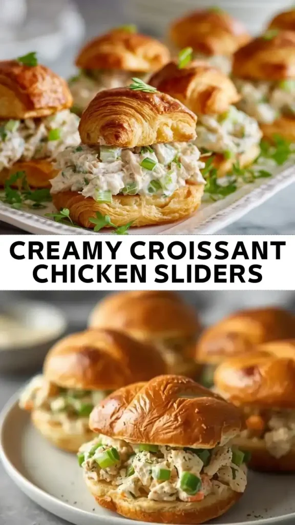 Creamy Croissant Chicken Sliders Mini buttery croissant sliders filled with creamy chicken salad, celery, herbs, and green onions on a serving platter.