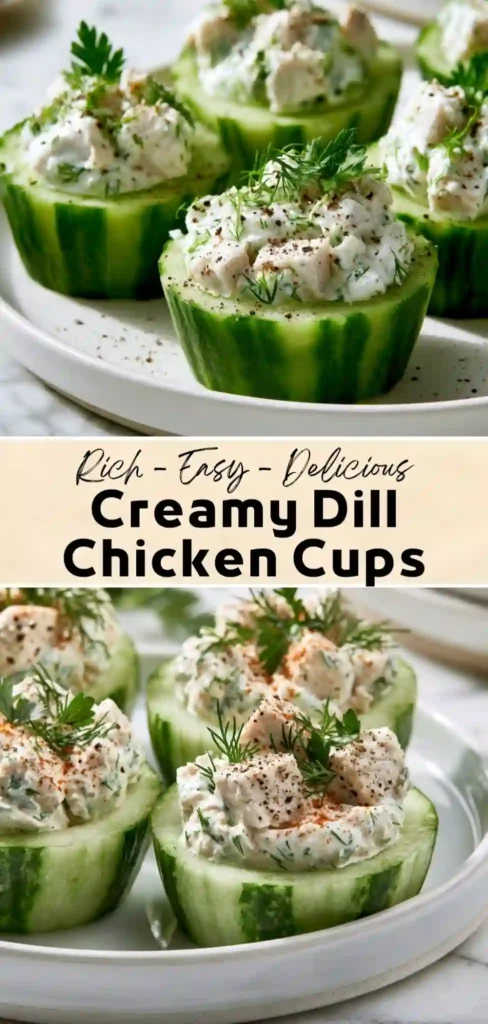 Creamy Dill Chicken Cups Creamy dill chicken salad served in fresh cucumber cups with herbs and black pepper for a healthy appetizer.