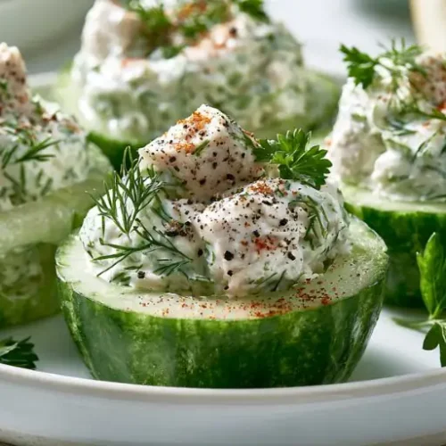 Creamy dill chicken salad served in fresh cucumber cups with herbs, black pepper, and paprika on a serving platter.