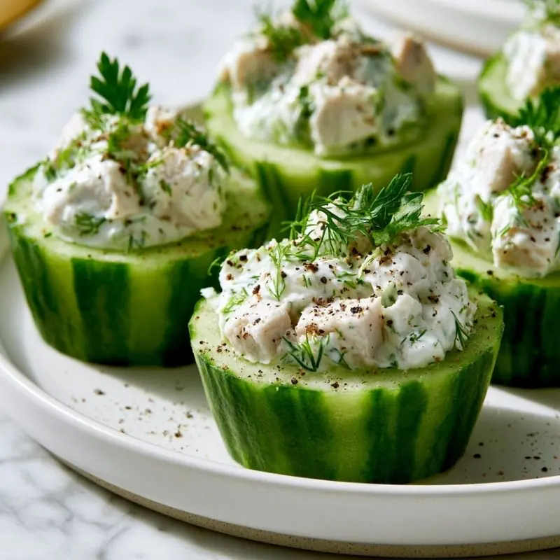 Creamy Dill Chicken Cups Creamy dill chicken salad served in fresh cucumber cups with herbs and black pepper for a healthy low-carb appetizer.