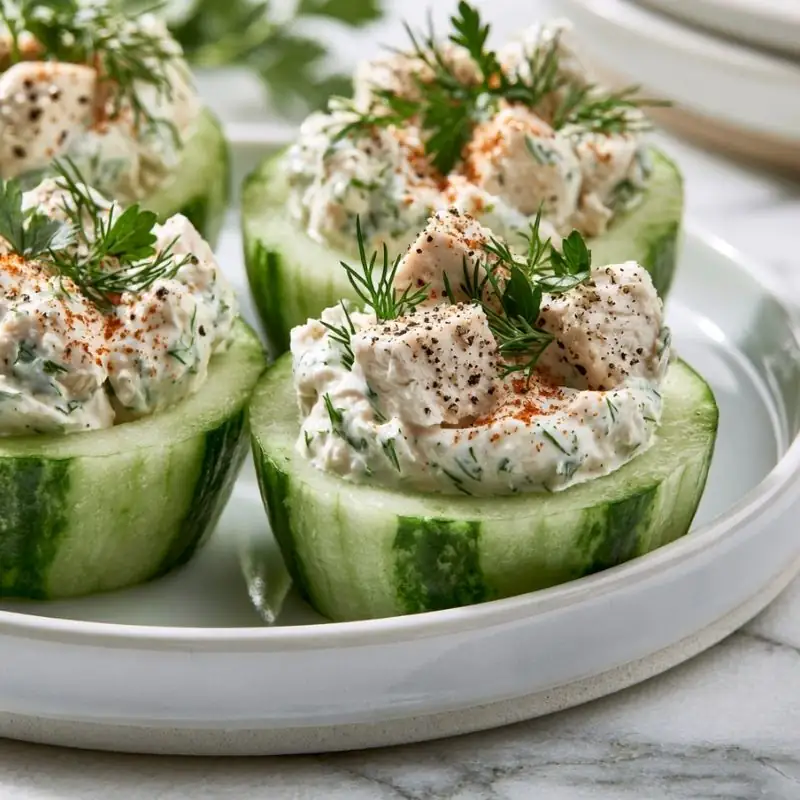 Creamy Dill Chicken Cups Creamy dill chicken salad served in fresh cucumber cups with herbs, black pepper, and paprika for a healthy appetizer.